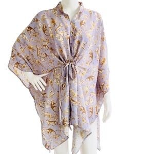 NicoBlu Kaftan Tunic Whimsical Jungle Toile Print Saffron Lavender Travel Beach